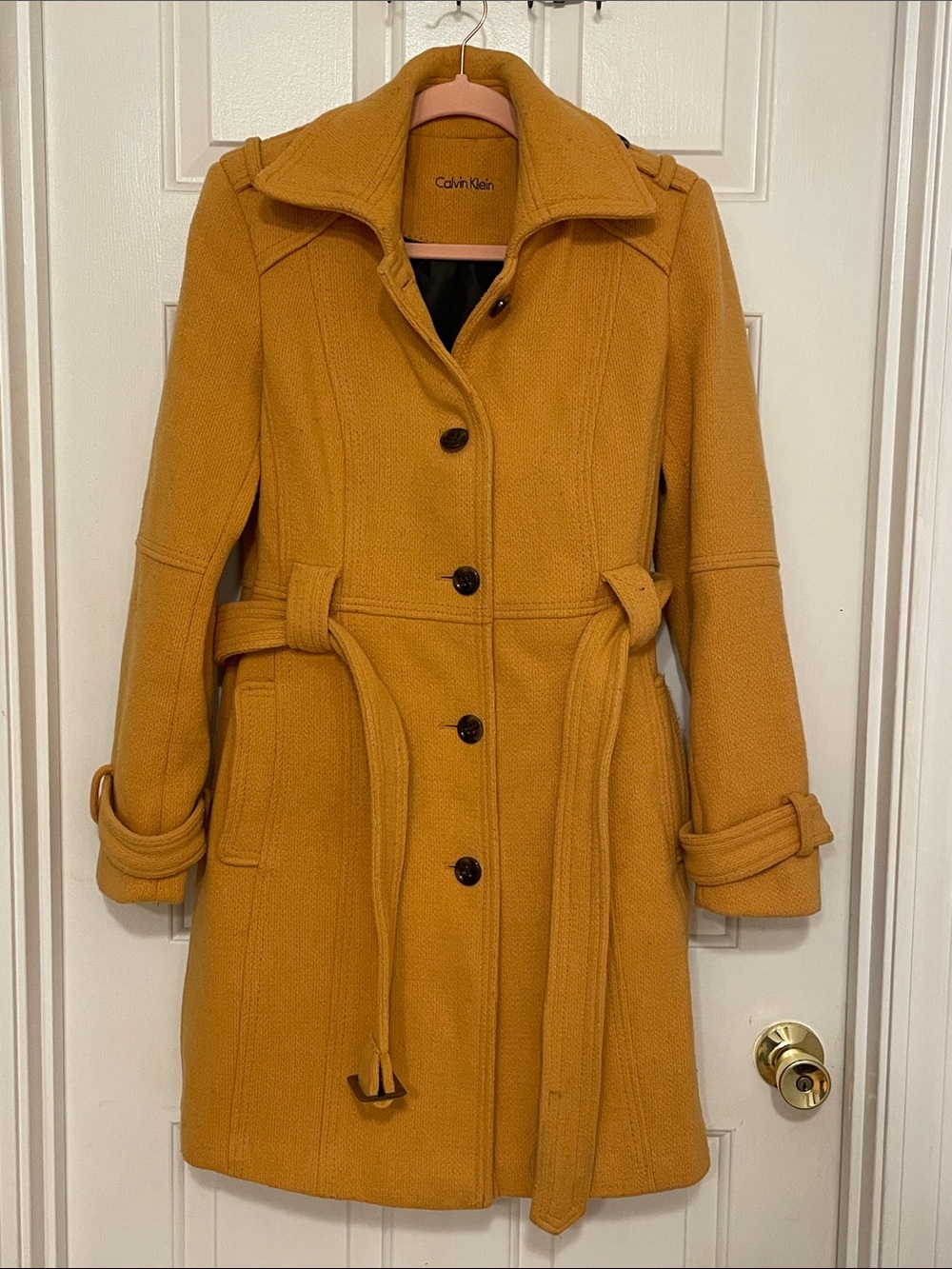 Calvin Klein Wool Blend Mustard Yellow Mid-Length Trench Coat